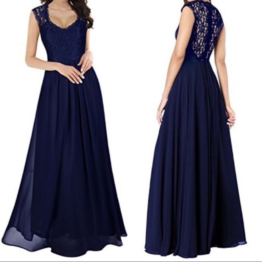 Formal V-Neck Lace Navy Blue Maxi Dress